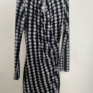 Elegant KULTURE Black & White Geometric Houndstooth Wrap Front Dress - XS